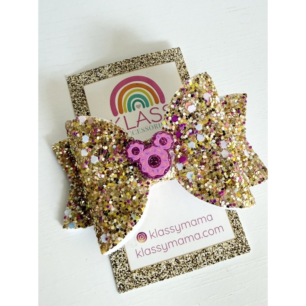 KLASS Girls Disney Mickey Mouse Inspired Pink Gold Glitter Hair Bow 3" Donut